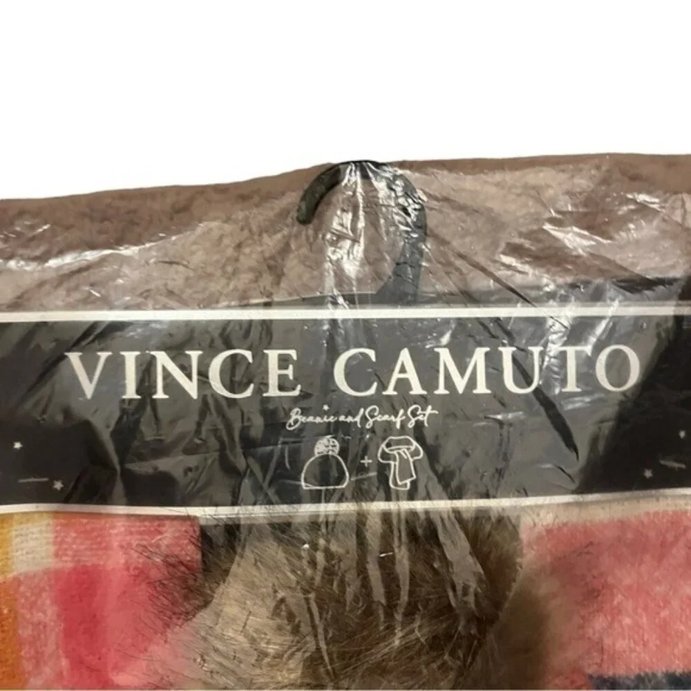 Vince Camuto Beanie & Scarf Set O/S Pink Plaid Pattern Knit Acrylic Winter NWT